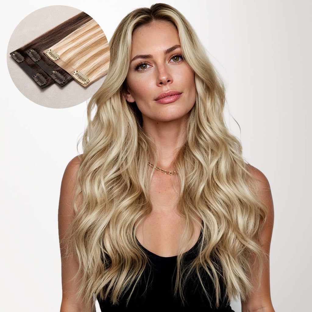 Dark Blonde Highlighted Bleach Blonde (18A/613A) Seamless Clip-Ins (130g-160g)