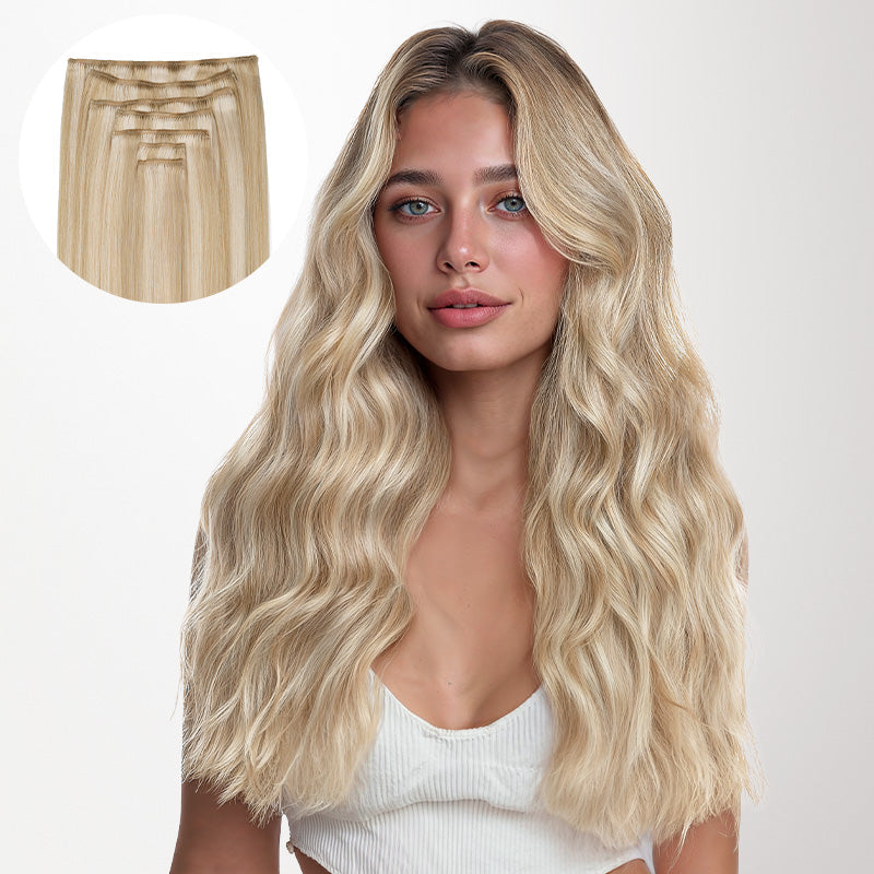 Dark Blonde Highlighted Bleach Blonde (18A/613A) Full Classic Clip-Ins (160g-220g)